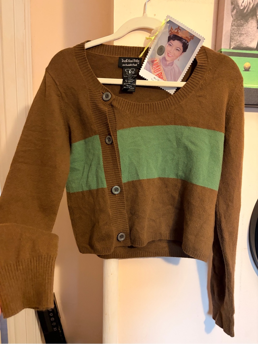 Trust Fund Babies Cashmere size L Brown & Green Stripe Women's Cardigan - Picture 6 of 12